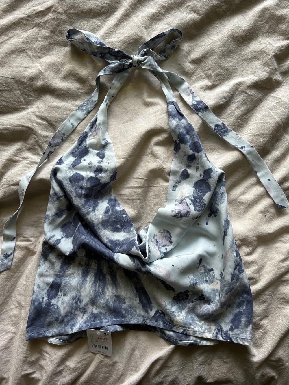 Free People Tie-Back Halter Top in Blue-Gray Watercolor Print NWT